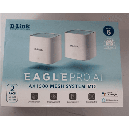 SALE OUT. D-Link M15-2 EAGLE PRO AI AX1500 Mesh System D-Link EAGLE PRO AI AX1500 Mesh System M15-2 (2-pack) 802.11ax 1200+300 Mbit/s 10/100/1000 Mbit/s Ethernet LAN (RJ-45) ports 1 Mesh Support Yes MU-MiMO Yes No mob...
