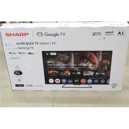 SALE OUT. Sharp 43HR7265E 43" (108cm) QLED 144Hz 4K Ultra HD Google TV, Dolby Vision IQ, Dolby Atmos, Central Stand | Sharp 43HR7265E | 43 | Smart TV | Google TV | Black | DAMAGED PACKAGING