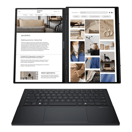 Asus | Zenbook Duo UX8406CA-QL287W | Inkwell Gray | 14 " | OLED | Touchscreen | FHD | 1920 x 1200 pixels | Intel Core Ultra 7 | 255H | 16 GB | LPDDR5X | Solid-state drive capacity 1000 GB | Intel Arc Graphics | Window...