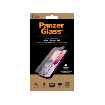 PanzerGlass | Screen protector | Apple | iPhone 13 Mini | Glass | Black | Anti blue light glass; Antibacterial glass; Protects the entire screen; Crystal clear; 100% touch; Resistant to scratches; Gentle on the eyes;...