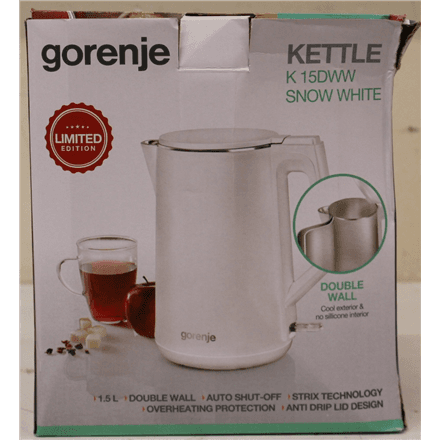 SALE OUT. GoGorenje K15DWW Kettle, Electric, Capacity 1.5 L, Power 2200 W, Plastic, White | Kettle | K15DWW | Electric | 2200 W | 1.5 L | Plastic + metal | 360° rotational base | White | DAMAGED PACKAGING | Gorenje Ke...