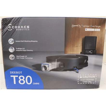 SALE OUT. Ecovacs DEEBOT T80 OMNI Vacuum cleaner, Robot, Wet&Dry, 18000Pa, TruEdge 2.0, ZeroTangle 3.0, Carpet Care, Black + Auto-empty stat · Ecovacs Robotic Vacuum Cleaner · DEEBOT T80 OMNI – nuotrauka 1