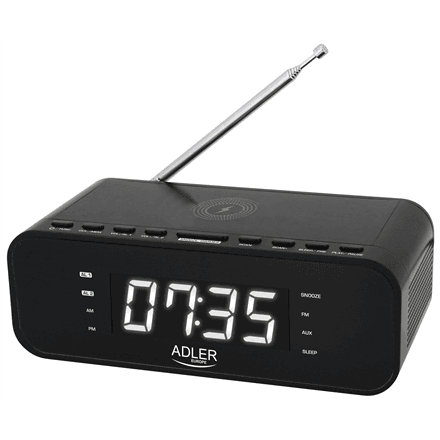 Adler | Alarm Clock with Wireless Charger | AD 1192B | Alarm function | AUX in | Black – nuotrauka 1