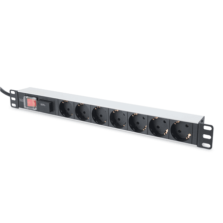 Digitus 1U Aluminum PDU, rackmountable, 7x safety outlet 16A Plug, 250VAC 50/60Hz, switch, surge protection – nuotrauka 1