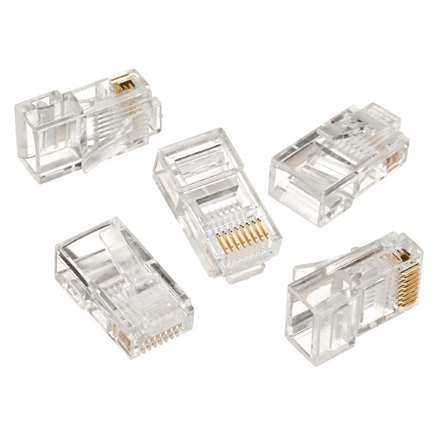 Modular plug 8P8C for solid LAN cable CAT5, UTP, 10 pcs. per bag | Modular 8P8C RJ45 plug, 30u” gold plated, 3-fork internal contacts for use with solid LAN cables – image 1
