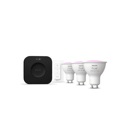 Philips Hue Starter set: 3 GU10 bulbs, dimmer switch, Hue Bridge Pro · GU10 · Zigbee, Wi-Fi, Bluetooth – image 1