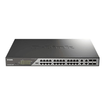D-Link DSS-200G-28MPP/E 28-Port Gigabit Smart Managed PoE+ Switch · 24 PoE+ Ports (518 W) + 4 Combo SFP Ports · D-Link – nuotrauka 1