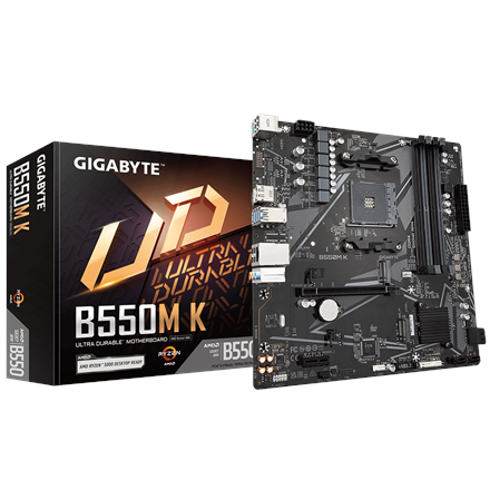 Gigabyte | B550M K 1.0 M/B | Processor family AMD | Processor socket AM4 | DDR4 DIMM | Memory slots 4 | Supported hard disk drive interfaces SATA, M.2 | Number of SATA connectors 4 | Chipset AMD B550 | Micro ATX