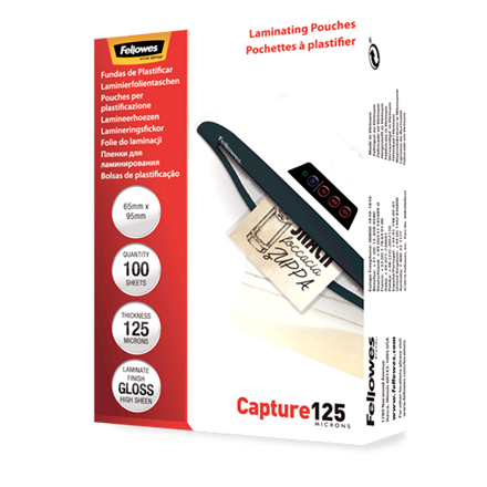 Fellowes | Laminating Pouch - 65x95mm | Glossy | Ideal for identity cards, credit cards, business cards and visitor cards; Capture 125 Micron thickness - providing an advanced level of document protection; Pack size o...
