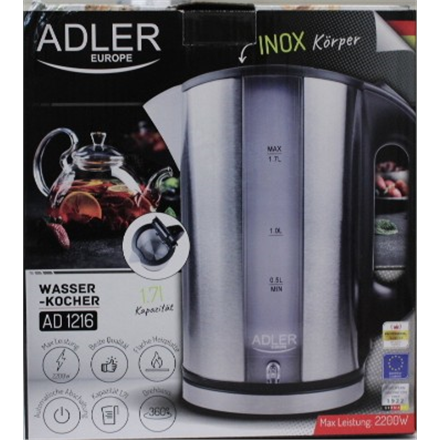 SALE OUT. Adler AD 1216 Cordless Water Kettle, 1.7L, 2000W, Filter, Boil-dry protection, Rotary base 360 degree, Illumination, Inox body | SALE OUT. Adler | Kettle | AD 1216 | Standard | 2000 W | 1.7 L | Stainless ste...