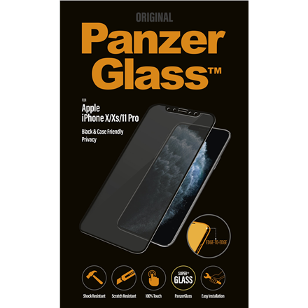 PanzerGlass | P2666 | Screen protector | Apple | iPhone X/Xs/11 Pro | Tempered glass | Black | Confidentiality filter; Full frame coverage; Anti-shatter film (holds the glass together and protects against glass shards...