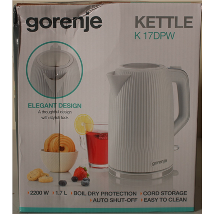 SALE OUT. Gorenje K17DPW Kettle, Electric, Capacity 1.7 L, Power 2200 W, White | SALE OUT. Gorenje | Kettle | K17DPW | Electric | 2200 W | 1.7 L | Stainless steel | 360° rotational base | White | DAMAGED PACKAGING