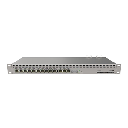 Mikrotik Wired Ethernet Router RB1100AHx4 Dude Edition, 1U Rackmount, Quad core 1.4GHz CPU, 1 GB RAM, 128 MB, 60GB M.2 SSD included, 13xGigabit LAN, 1xSerial console port RS232, 2x SATA3 ports, 2xM.2 slots, PCB Temper...