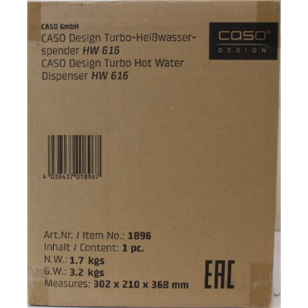 SALE OUT. Caso HW 616 Turbo Hot Water Dispenser, Capacity 2.5 L, Stainless steel, Black | SALE OUT. Caso Turbo Hot Water Dispenser | HW 616 | Water Dispenser | 2600 W | 2.5 L | Plastic/Stainless Steel | Black/Stainles...