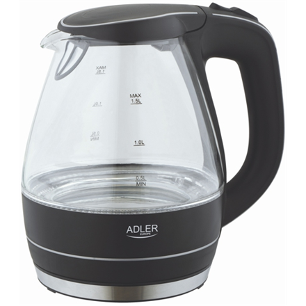 Adler | Kettle | AD 1224 | Standard | 2000 W | 1.5 L | Glass | 360° rotational base | Black