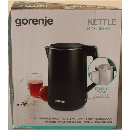 SALE OUT. Gorenje K15DWBK Kettle, Electric, Capacity 1.5 L, Power 2200 W, Stainless Steel, Black | SALE OUT. Gorenje | Kettle | K15DWBK | Electric | 2200 W | 1.5 L | Stainless steel | 360° rotational base | Black | DA...
