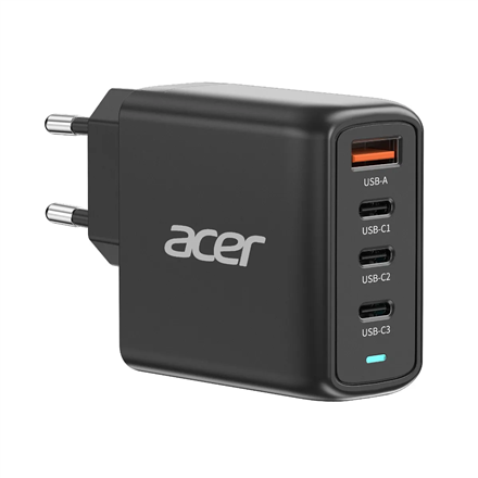 Acer 100W PD GaN Charger, 3 x USB C and 1 x USB A, EU Plug, 100W USB-C cable, Black, Retail Pack