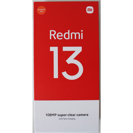 Xiaomi | Redmi | 13 | Midnight Black | 6.79 " | IPS LCD | 1080 x 2460 pixels | Mediatek | Internal RAM 8 GB | 256 GB | microSDXC | Dual SIM | Nano SIM | 4G | Main camera resolution 108+2 MP | Secondary camera resoluti...
