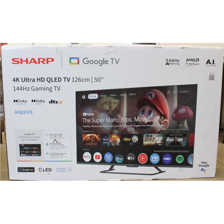 SALE OUT. Sharp 50HR7265E 50" (126cm) QLED 144Hz 4K Ultra HD Google TV, Dolby Vision, Dolby Atmos, Central Stand | SALE OUT. | Sharp 50HR7265E | 50 | Smart TV | Google TV | Black | DAMAGED PACKAGING, USED