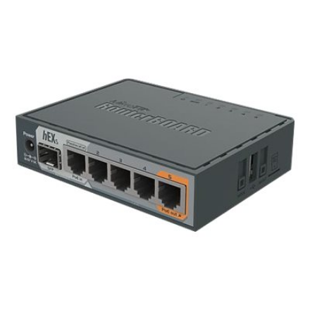 Mikrotik Wired Ethernet Router RB760iGS, hEX S, Dual Core 880MHz CPU, 256MB RAM, 16 MB (MicroSD), 5xGigabit LAN, 1xSFP, USB, IPsec hardware encryption support and The Dude server package, PCB temperature and Voltage M...