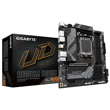 Gigabyte | B650M DS3H 1.0 M/B | Processor family AMD | Processor socket AM5 | DDR5 DIMM | Memory slots 4 | Supported hard disk drive interfaces SATA, M.2 | Number of SATA connectors 4 | Chipset B650 | Micro ATX