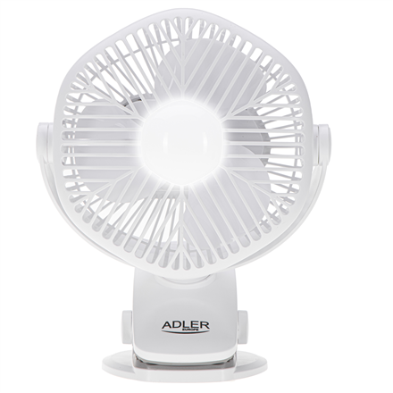 Adler Rechargeable fan with clip | AD 7335 | Table Fan | 6 W | Diameter 12.7 cm | Number of speeds 3 | Oscillation | White