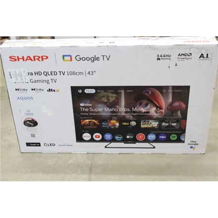 SALE OUT. Sharp 43HR7265E 43" (108cm) QLED 144Hz 4K Ultra HD Google TV, Dolby Vision IQ, Dolby Atmos, Central Stand | Sharp 43HR7265E | 43 | Smart TV | Google TV | Black | DAMAGED PACKAGING