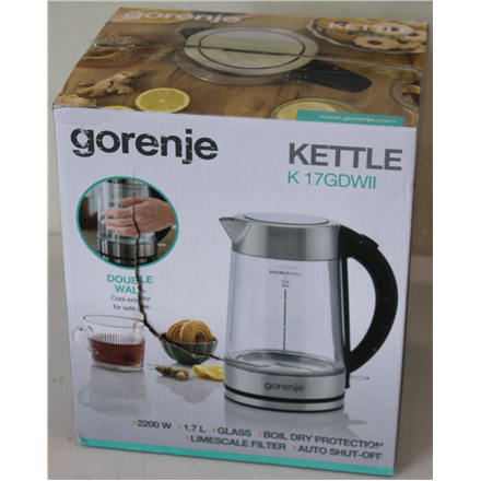 SALE OUT. Gorenje K17GDWII Kettle, Electric, Capacity 1.7 L, Power 2200 W, Stainless steel | SALE OUT. | Gorenje Kettle | K17GDWII | 2200 W | Electric | 1.7 L | 360° rotational base | Stainless steel/Glass | Stainless...