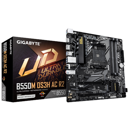 Gigabyte B550M DS3H AC R2 | Processor family AMD | Processor socket AM4 | DDR4 DIMM | Supported hard disk drive interfaces SATA, M.2 | Number of SATA connectors 4
