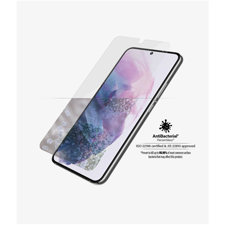 PanzerGlass | Samsung | Galaxy S22 | Tempered glass | Transparent | Case friendly. Compatible with ultrasonic fingerprint sensor. 100 % touch sensitivity. Antibacterial (ISO 22196 certified & JIS 22810 approved) | Scr...