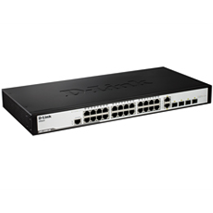 D-LINK DGS-1210-28, Gigabit Smart Switch with 24 10/100/1000Base-T ports and 4 Gigabit MiniGBIC (SFP) ports, 802.3x Flow Control, 802.3ad Link Aggregation, 802.1Q VLAN, 802.1p Priority Queues, Port mirroring, Jumbo Fr...