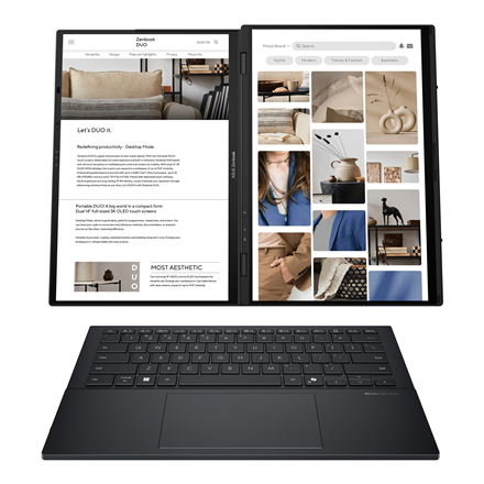 Asus | Zenbook Duo UX8406CA-QL287W | Inkwell Gray | 14 " | OLED | Touchscreen | FHD | 1920 x 1200 pixels | Intel Core Ultra 7 | 255H | 16 GB | LPDDR5X | Solid-state drive capacity 1000 GB | Intel Arc Graphics | Window...