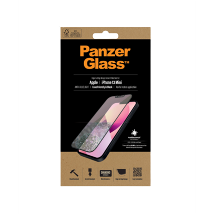 PanzerGlass | Screen protector | Apple | iPhone 13 Mini | Glass | Black | Anti blue light glass; Antibacterial glass; Protects the entire screen; Crystal clear; 100% touch; Resistant to scratches; Gentle on the eyes;...