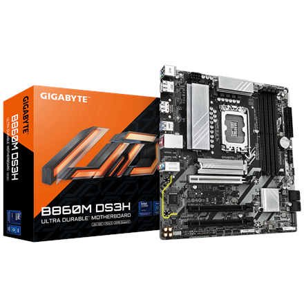 Gigabyte B860M DS3H | Processor family Intel | Processor socket LGA1851 | DDR5 | Supported hard disk drive interfaces M.2, SATA | Number of SATA connectors 4