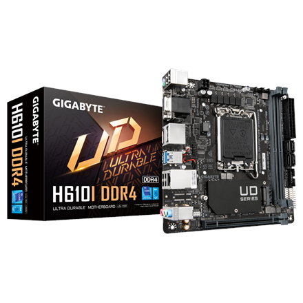 Gigabyte | H610I DDR4 1.0 M/B | Processor family Intel | Processor socket LGA1700 | DDR4 DIMM | Memory slots 2 | Supported hard disk drive interfaces SATA, M.2 | Number of SATA connectors 4 | Chipset Intel H610 Expres...