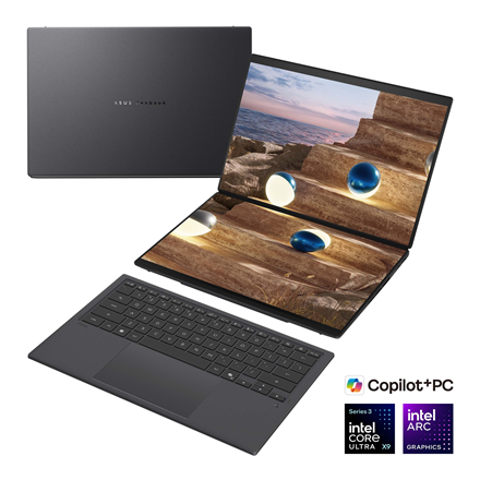 Asus | Zenbook Duo UX8407AA-SN066W | Moher Gray | 14 " | OLED | Touchscreen | 2.8K | 2880 x 1800 pixels | 144 Hz | Anti-Reflective | Intel Core Ultra X9 | 378H | 32 GB | LPDDR5X | Solid-state drive capacity 2000 GB |...