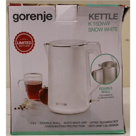 SALE OUT. GoGorenje K15DWW Kettle, Electric, Capacity 1.5 L, Power 2200 W, Plastic, White | Kettle | K15DWW | Electric | 2200 W | 1.5 L | Plastic + metal | 360° rotational base | White | DAMAGED PACKAGING | Gorenje Ke...