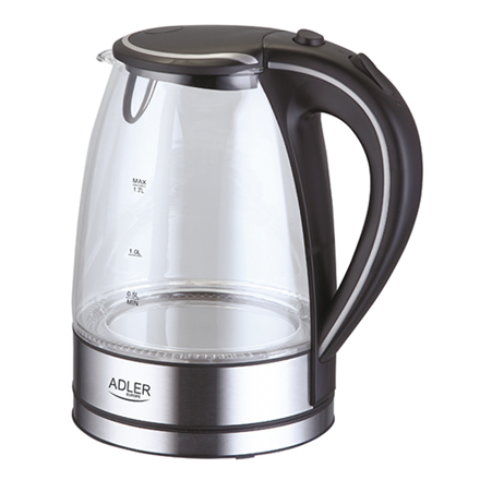 Adler | Kettle | AD 1225 | Standard | 2000 W | 1.7 L | Glass | 360° rotational base | Stainless steel/Transparent