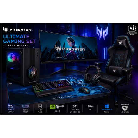 Acer Ultimate Gaming Set | Orion 3000 + X34 V3 + PGC371 + Aethon 700 + Galea 550 + Cestus 333 + PMP470 | Desktop | Tower | Intel Core Ultra 7 | 265F | 32 GB | DDR5 | 1000 GB | NVIDIA GeForce RTX 5070 | US | Windows 11...