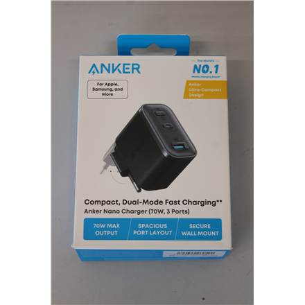 SALE OUT. Anker Nano Charger 70W, 3 ports, Black | Anker Nano Charger 70W, 3 ports, Black | 2 x 24 pin USB-C, 4 pin USB Type A | UNPACKED, MISSING INNER PACKAGING