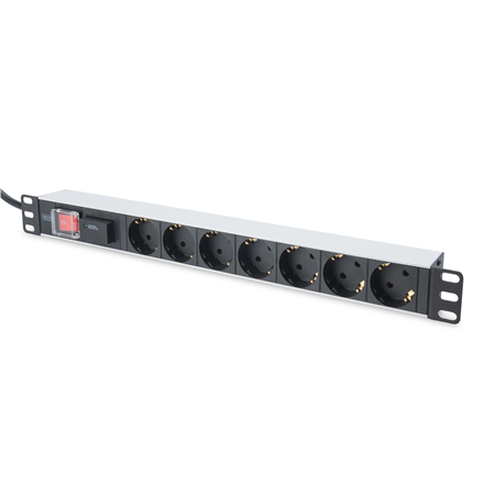 Digitus 1U Aluminum PDU, rackmountable, 7x safety outlet 16A Plug, 250VAC 50/60Hz, switch, surge protection – nuotrauka 1