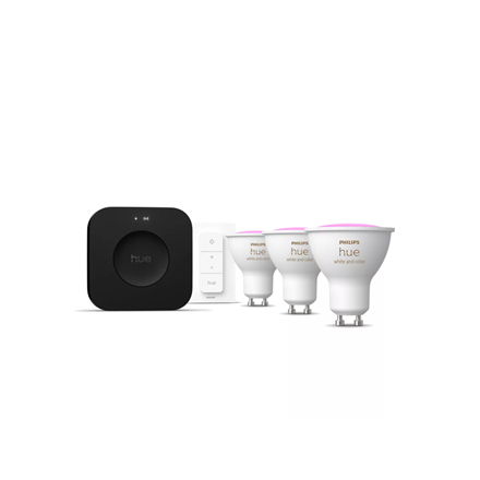 Philips Hue Starter set: 3 GU10 bulbs, dimmer switch, Hue Bridge Pro · GU10 · Zigbee, Wi-Fi, Bluetooth – nuotrauka 1
